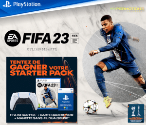 Découvrez le bon plan du jour:  1 jeu vidéo PS5 "Fifa 23" + 1 manette sans-fil PS5 + 1 carte cadeau Leclerc 